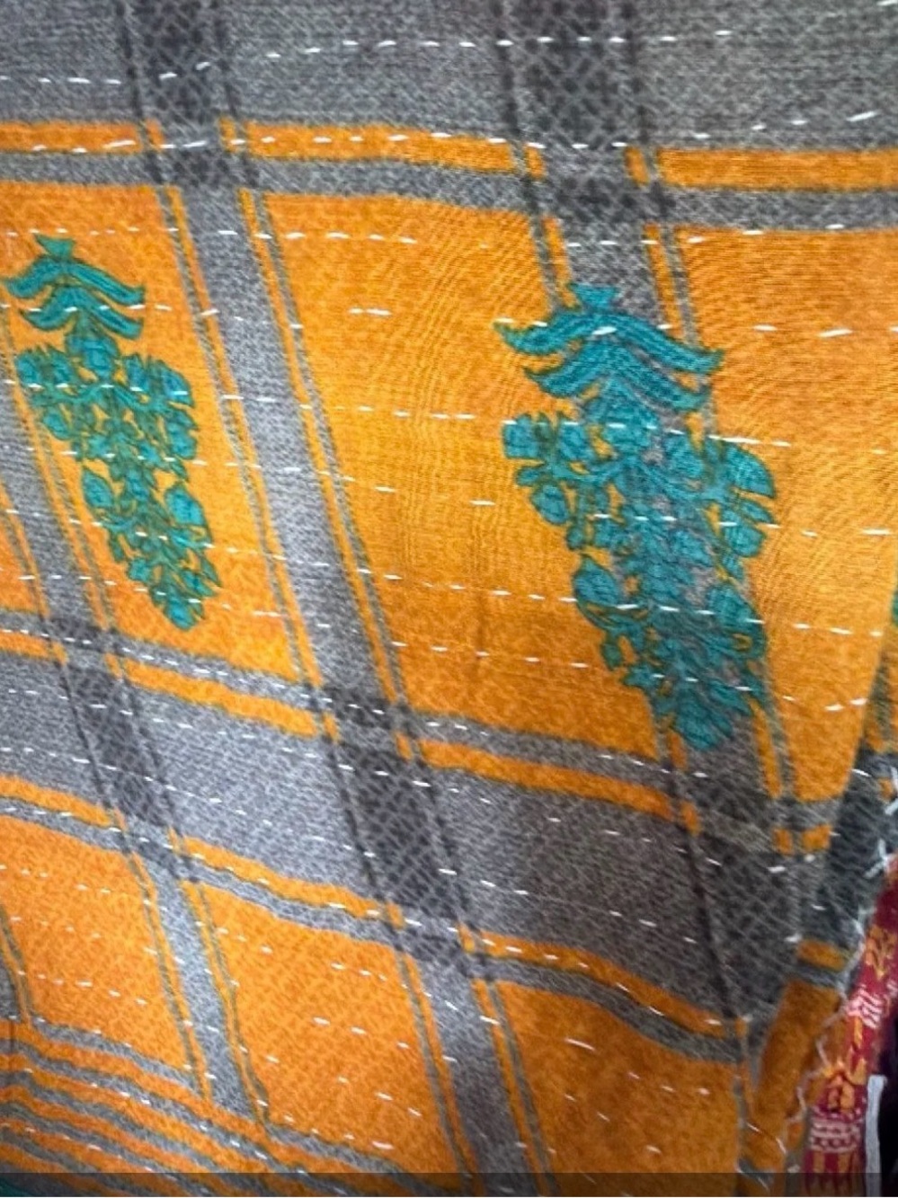 Mustard Plaid Scarf with Teal Embroidery